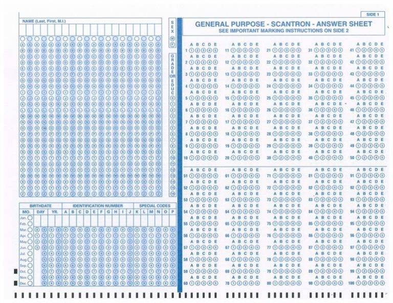 Photo of blue scantron.